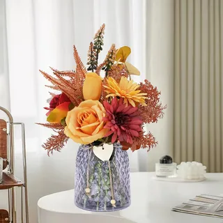 Silvotek Kunstblumen im Topf - Künstliche Blumen Tischdeko Wohnzimmer Künstliche Rosen Chrysanthemen Künstlich, Deko Blumen für Fensterbank und Schlafzimmer Deko - Glasvase inklusive