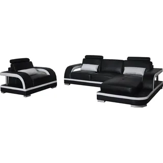 Sofa Eckcouch Polster Wohnzimmer Ecksofa LForm Wohnlandschaft USB + LED + Sessel - Schwarz