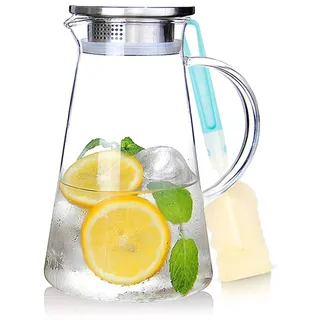 SUSTEAS 2 Liter Karaffe aus Glas mit Deckel - Schwenkkaraffe für Selbstgemachte Getränke, Eistee, Kaffee, Milch, Wein, Saft - Spülmaschinenfest & Ausgießer
