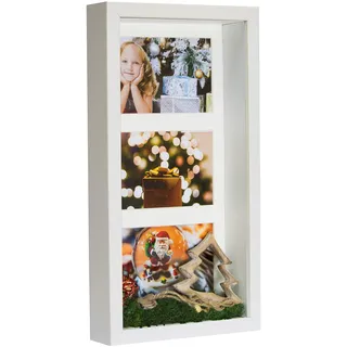 BD ART 18x35 cm 3D Box Tief Mehrfach Bilderrahmen für 3 Fotos 10x15 cm Weiß Bildergalerie Fotogalerie mit Passepartout und 3 Foto-Ausschnitten Rechteckiger Objektrahmen tiefer für objekte 3 cm