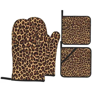 Coole Ofenhandschuhe und Topflappen, Leopardenmuster, 4 Stück, lustige hitzebeständige Ofenhandschuhe mit heißen Pads, heiße Pads für Küche, Kochen, Backhandschuhe