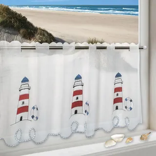 Delindo Lifestyle Delindo Lifestyle® Scheibengardine Leuchtturm für Küche, Bad und Kinderzimmer, weiße Gardine mit maritimen Motiv, 45x85 cm, Moderne und transparente Bistrogardine