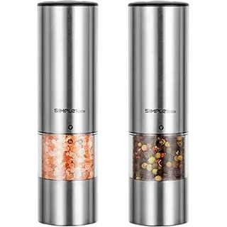 SIMPLETASTE Elektrische Pfeffermühle Salzmühle, mit Verstellbarem Keramikmahlwerk 2er Set Gewürzmühle aus Edelstahl Batteriebetrieben LED - Silber