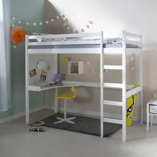 Homestyle4u Hochbett 90 x 200 cm Kiefer massiv lackiert weiß