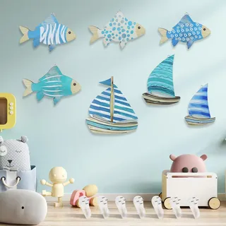 BITEFU 7 Stück Maritime Deko, Inhalt 3 Stück Segelschiff Deko und 4 Stück Fisch Deko Für Wohnzimmer, Schlafzimmer, Bad, Flur Oder Ferienhaus In Hölzern Wanddeko