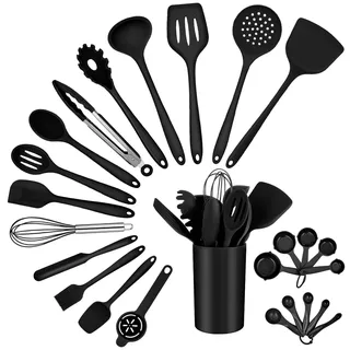 Küchenhelfer Set, Onader 25-teiliges Silikon Küchenutensilien Kochbesteck Set, Kochutensilien mit Utensilienhalter, Antihaft & Spülmaschinenfest – Schwarz