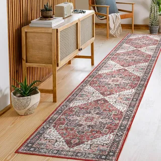 Carvapet Waschbar Läufer Teppich 60x300cm rutschfest Lang Dünner Teppiche Gegend Vintage Medaillon Rot Teppich für Wohnzimmer Schlafzimmer Küche