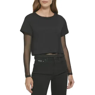 DKNY Women's Short Sleeve T-Shirt with a Twofer Long Sleeve Mesh Top, Black, S