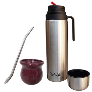 Gaucho Bruno Yerba Mate-Becher, Strohhalm, Fläschchenset - Keramikkürbis-Becher in traditioneller Form, Trinkhalm aus Edelstahl von Bombilla und 1-Liter-Flasche mit rotem Ausgießer