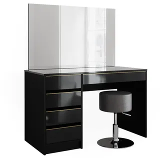 Vicco Schminktisch-Set Sherry Schwarz/Gold 120 cm mit Hocker , Schwarz, Goldfarben , Holzwerkstoff , 5 Fächer , 5 Schubladen , Rechteckig,Rechteckig , 120x75x55 cm , Schlafzimmer, Schminktische