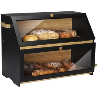 Leader Accessories Bambus Brotkasten 2 Etagen Brotbehälter mit Brotschneidebrett lebensmittelecht Brotaufbewahrung pflegeleicht 50x25x37cm Schwarz