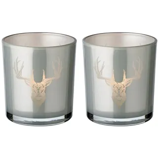Edzard 2er-Set Teelichtglas (Höhe 8 cm, Ø 7 cm), außen grau, innen Gold - Windlicht, Kerzenglas (Hirschkopf)