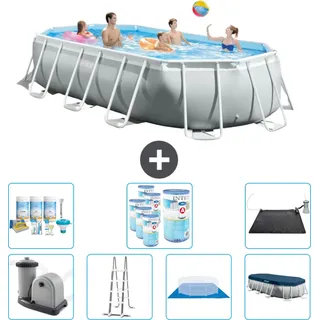 Intex Oval Prism Frame Swimmingpool – 503 x 274 x 122 cm – Grau – inklusive Pumpe – Leiter – Bodenplane – Abdeckung Wartungspaket - Filter - Solarmatte