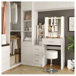 Vicco Schminktisch Lisca, 80 cm mit LED-Spiegel und Hocker, Weiß - Weiß