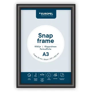 Europel DIN A3 25 mm Aluminium-Profil - aufklappbarer Plakatrahmen mit Gehrungsecke - Schnapprahmen für u.a. Poster, Zertifikate, Fotos & Werbemittel - Schwarz, 355029