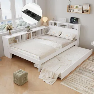 Holzbett 120x200 cm mit Ausziehbett 90x190 cm, weißes Funktionsbett mit seitlichem Stauraumregal links/rechts montierbar, Kopfteilablage und Ladestation - Weiß