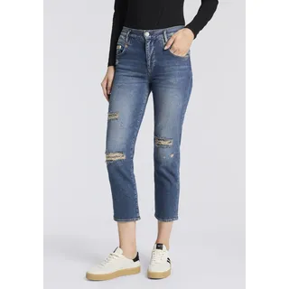 5-Pocket-Jeans HERRLICHER "Breezy Cropped Denim", Damen, Gr. 29, N-Gr, blau (iconic destroy), Denim/Jeans, Obermaterial: 99% Baumwolle, 1% Elasthan, Destroyed-Effekte, straight fit 7/8-Länge, Jeans 5-Pocket-Jeans, Straight Fit mit Destroyed-Effekten