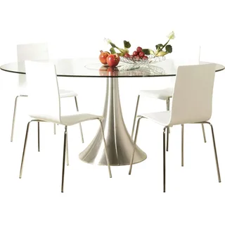 Kare Design Tisch Grande Possibilita, Weiß, Silber, 4-6 Personen, Ovaler Esszimmertisch, Minimalistisch, Essbereich, Retro-Style, Pflegeleicht, Sicherheitsglas Tischplatte, 76x120x180 cm (HxBxT)