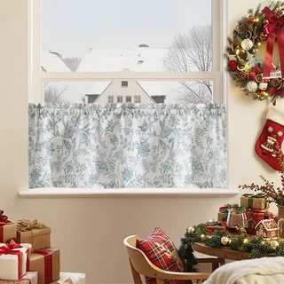 TOPICK Scheibengardine Leinen Vorhang Blumen Bedruckt Bistrogardine Halb Transparent Gardine Scheibengardinen für Küche Wohnzimmer Landhaus (H40 x B125(cm)-1 Stück, Blau auf Beige)