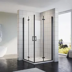 Sonni Eckeinstieg Duschkabine 80x80 cm Schwarzes Dusche Falttür 180o Duschwand Duschabtrennung Nano 6mm Glas Faltdusche Höhe 195 cm Drehfalttür