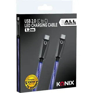 Konix USB 2.0 Typ-C-auf-Typ-C-Kabel für PS5, Switch 2 und Xbox Series X|S - Schnellladung bis zu 12 Watt - Länge 1,2 m - Blaues LED-Licht