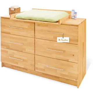 Pinolino Wickelkommode Natura aus massiver Buche | Extrabreite Babykommode mit abnehmbarem Wickelaufsatz I 6 Schubkästen mit Self-Soft-Close I 140 x 78/54 x 101 cm