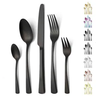 Ibenzoa® Besteckset 30-teilig – matt schwarz, Edelstahl, für 6 Personen (6 Tafellöffel, 6 Teelöffel, 6 Messer, 6 Gabeln), ergonomisch, spülmaschinenfest - Schwarz