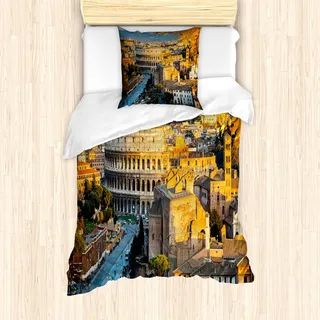 ABAKUHAUS Italien Mantele, Colosseum View in Rom, Milbensicher Allergiker geeignet mit Kissenbezügen, 135 cm x 200 cm - 80 x 80 cm, Marigold Elfenbein Blassblau - Gold