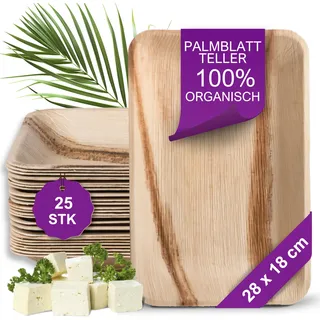 Waipur Bio Palmblatt Teller - 25 Einwegteller Rechteckig 28x18 cm - Premium Einweggeschirr kompostierbar - Umweltfreundliches Einweg Geschirr ähnl. Bambus-Teller