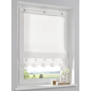 Kutti Elly Raffrollo mit besticktem Volant halbtransparent Ösenrollo mit Hakenaufhängung ohne Bohren Breite 45 cm x Höhe 130 cm