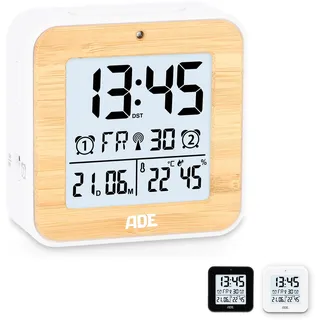 ADE Funkwecker digital mit Batterie | 2 Weckzeiten | Temperaturanzeige | Luftfeuchtigkeit | Gehäuse mit echtem Bambus | Reisewecker | Funkuhr mit DCF Zeitsignal | Schlummerfunktion
