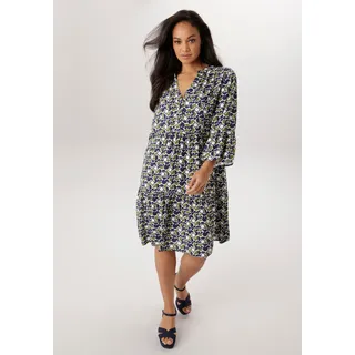 Sommerkleid ANISTON PLUS, Damen, Gr. 48, N-Gr, weiß, olive, blau, Web, Obermaterial: 100% Viskose, bedruckt, gemustert, gepunktet, figurumspielend kniebedeckend, V-Ausschnitt, Volant, Kleider Sommerkleid, mit modernem Punkte-Druck - NEUE KOLLEKTION