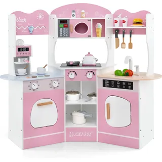 COSTWAY Eck Spielküche Holz, Kinderküche mit Sound & Licht, Spielset mit Rutsche, Mikrowelle, Ofen, Kaffee- & Waschmaschine, für Kinder 3+ Rosa - Rosa