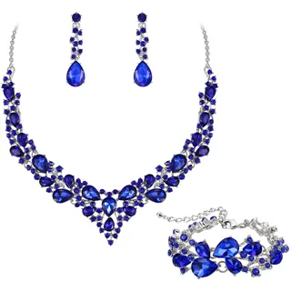 EVER FAITH Statement Halskette Ohrringe und Armband Set für Damen österreichische Kristall Tropfen Cluster Schmuckset Blau Silber-Tone