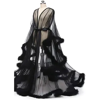 Generisch Damen Kimono Transparent Spitze Morgenmantel Feder Robe Mesh Durchscheinender Tüll Langärmlig Spitze Kimono Bademantel Mit Rüschen Feder Besatz
