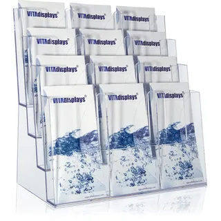 Taymar Prospektständer Tribüne für DIN A4, A5, DIN lang, DL, A6 Flyer, flexibler, transparenter Tischprospektständer als standfester Aufsteller, Flyerständer mit 4 Etagen, optional als Wand-Prospekthalter