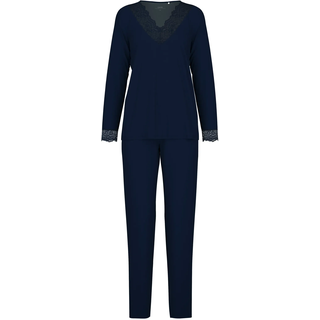 Schlafanzug CALIDA "Elegant Dreams", Damen, Gr. S (40/42), blau (schwarz lapis blau), Single Jersey, Obermaterial: 95% Modal (TENCELTM), 5% Elasthan, leicht transparent, unifarben, comfort fit lang, V-Ausschnitt, Homewear-Sets Schlafanzug, Spitze an Ausschnitt und Bündchen, Single Jersey, elastisch, weich