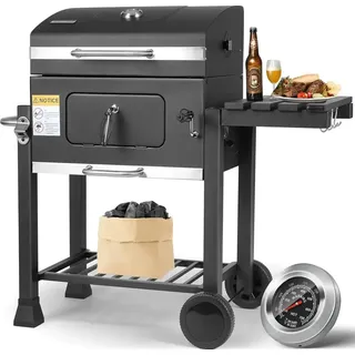 BBQ Holzkohlegrill - Grillwagen XXL - 116×55,7×100 cm - Pulverbeschichteter Stahl - Klappbarer Seitentisch, Griff - Schwarz