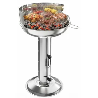 Holzkohle Standgrill - Säulengrill für draußen - Edelstahl - Höhenverstellbarer Grillrost - Wetterfest - Typ 4