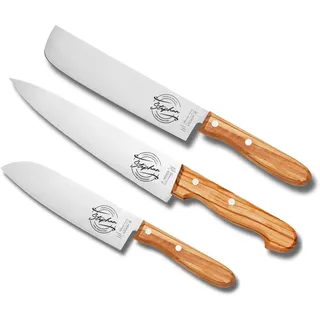 LOOXIS personalisiertes Premium Messer-Set von H. Herder mit Gravur – 3-teilig (Santoku, Nakiri- & Kochmesser) – Solinger Handarbeit, Olivenholzgriffe, personalisierbares Geschenk für Männer