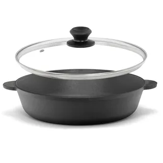 Gusseisenpfanne Ø28 cm mit Glasdeckel Gusseisen Grillpfanne Bräter Schmorpfanne Servierpfanne Schmortopf zwei Griffe Grillpfanne Gusspfanne Bratpfanne für alle Herdarten, Lagerfeuer, Ofen, Gasgrill