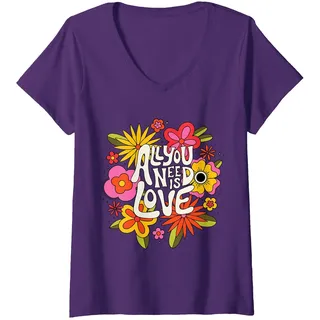 Damen The Beatles - Alles was du brauchst ist Liebe Retro-Blumen T-Shirt mit V-Ausschnitt, Violett, S
