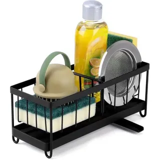 Unyqoos® Spülbecken-Organizer aus schwarzem, beschichtetem Eisen – Küchenablage mit Abflussstopfen, drehbarem Gummiauslauf, belüftetem Netz & 2 herausnehmbaren Trennern - Schwarz