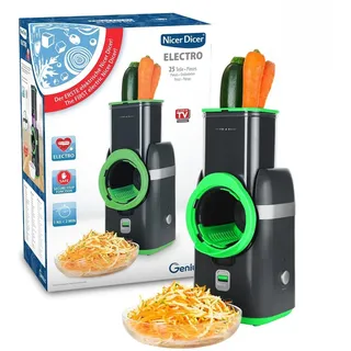 Nicer Dicer Electro Gemüsehobel elektrisch 25 tlg, Gemüseschneider automatisch, Käsereibe für Gemüse, Obst, Nüsse, 6 Extrascharfe Einsätze, Ein-Knopf, Einfache Reinigung, Leistungsstark