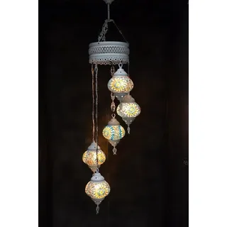 Hanglampe aus buntem blauen Glas mit 5 Mosaik-Kugeln, orientalische marokkanische Deckenleuchte - Bunt, Blau, Grün