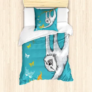 ABAKUHAUS Faultier Mantele, Flüchtiger Sloth Schmetterlinge, Milbensicher Allergiker geeignet mit Kissenbezügen, 135 cm x 200 cm - 80 x 80 cm, Teal Pale Grau Orange