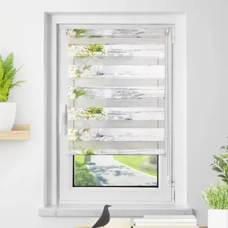 Deswell Doppelrollo Klemmfix ohne Bohren Weiß-Blüten B90 x H120 cm (Stoffbreite 86cm) Doppelrollo mit Muster, Duo Rollos für Fenster ohne Bohren Rollos mit Motiv, Seitenzugrollo Lichtdurchlässig
