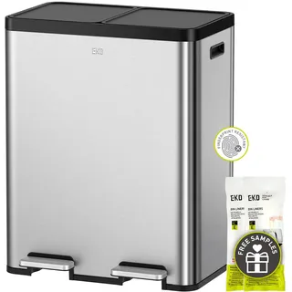 EKO Essential Doppel-Mülleimer, 2,8 l Fassungsvermögen, Küchenstufen, Recycling-Mülleimer mit doppeltem abnehmbarem Eimer, unabhängigen Deckeln und Pedalen, gebürsteter Edelstahl