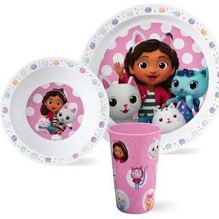 p:os Gabby’s Dollhouse Kindergeschirr Set 3-teilig aus PP – Frühstücksset mit Teller, Schale und Becher 260 ml – BPA-frei, spülmaschinen- und mikrowellengeeignet – für Kinder