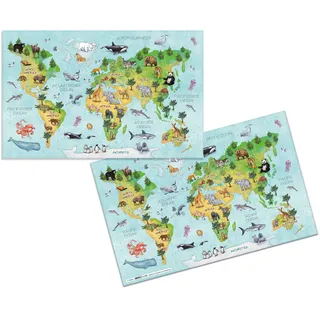 Herma 19667 Schreibtischunterlagen Kindergarten Weltkarte, 3 Stück, abwischbare Kinder Schreibunterlagen aus Karton, 55 x 35 cm, beidseitiges Motiv Tischunterlagen Set für Mädchen & Jungen